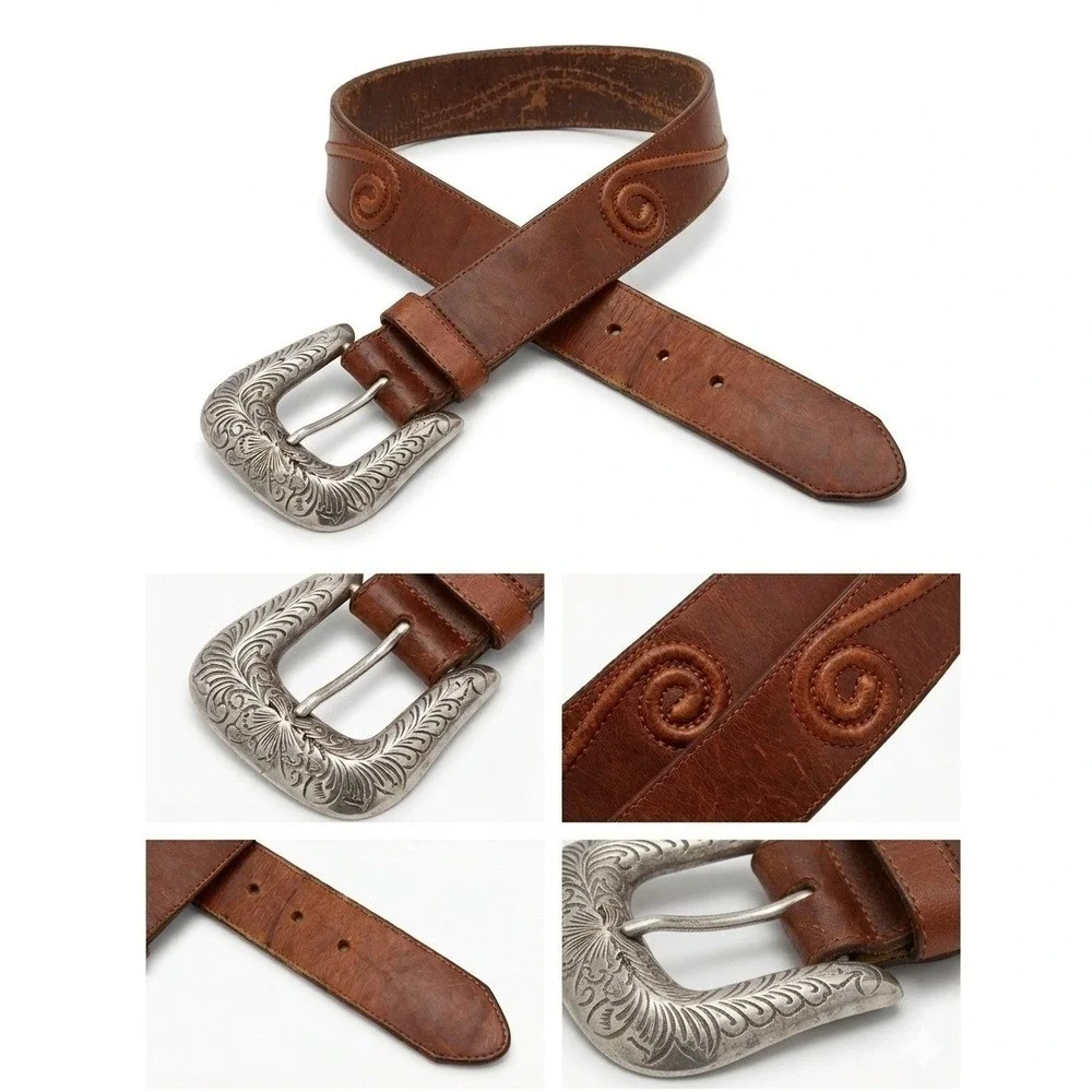 Vtg. Brighton Brown Leather Western Belt Silver Ornate Scroll Buckle USA S 42906